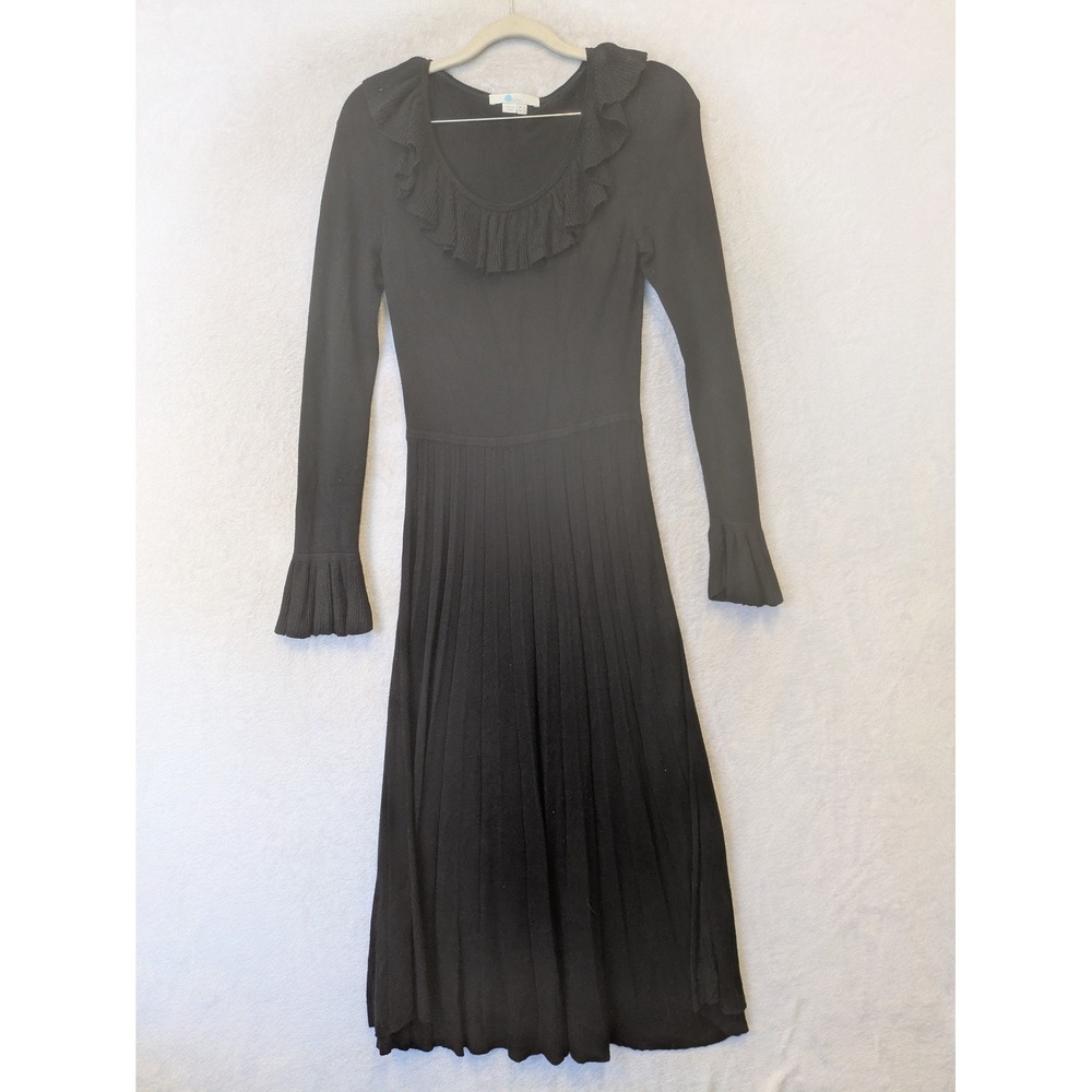 Boden Knit Dress Women's US 2 Black Ruffle Neck Pleated Bell Sleeve Midi